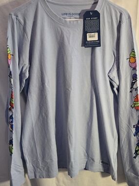 Life is Good Light Blue Long Sleeve Tee with Bird Sleeve Art